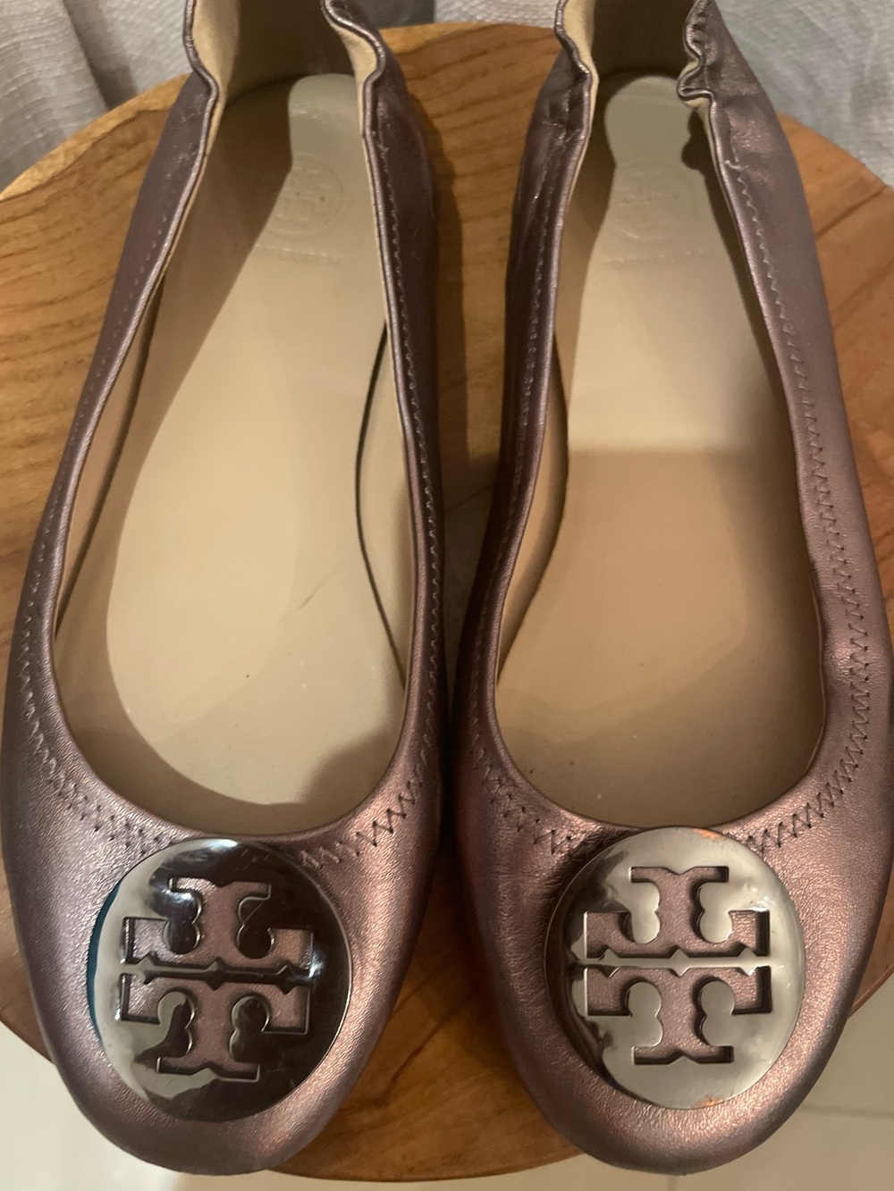 Tory Burch Metallic Mauve Logo Ballet Flats